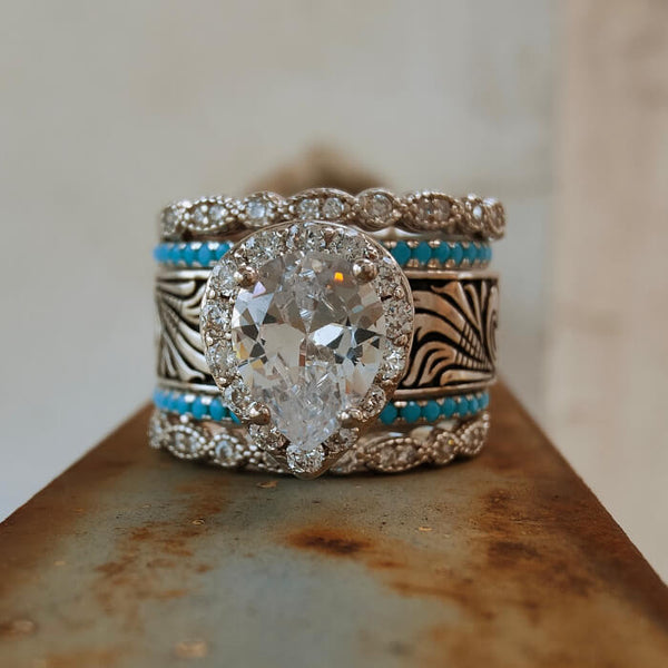 5pc Pear Cut Diamond Western Vintage Turquoise Wedding Rings