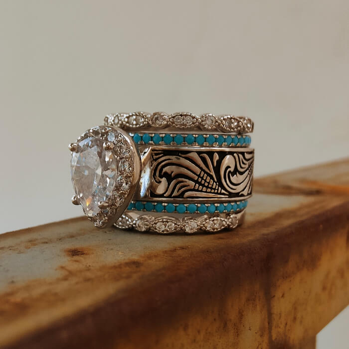Five-piece vintage wedding ring set with turquoise and pear-cut diamond