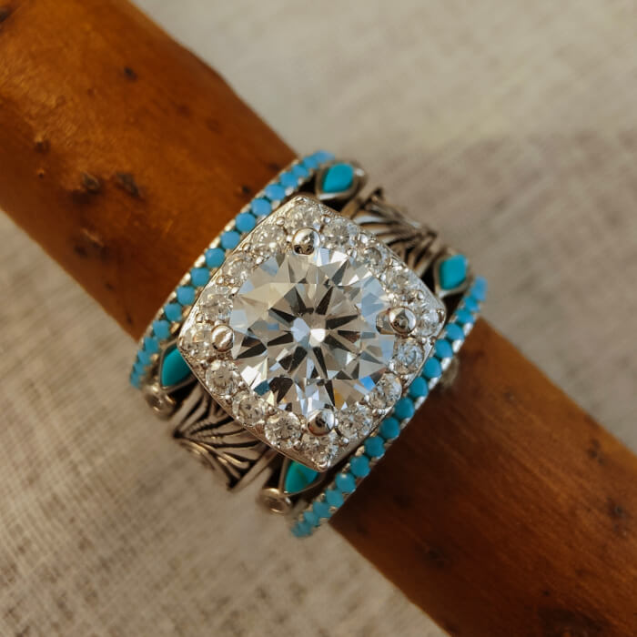 5pc Vintage Round Cut Flower Western Turquoise Wedding Rings – Retro ...