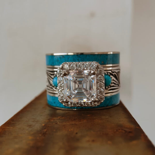 3pc Radiant Cut Diamond Crush Turquoise Western Style Wedding Rings