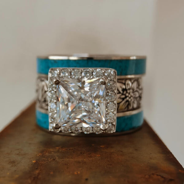 3pc Flower Princess Cut Crush Turquoise and Diamond Ring