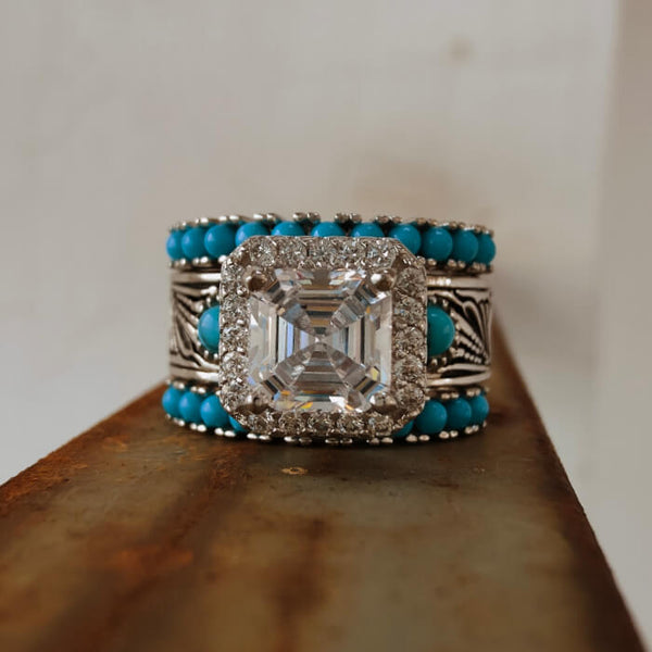 Radiant cut diamond flower turquoise wedding ring in sterling silver setting