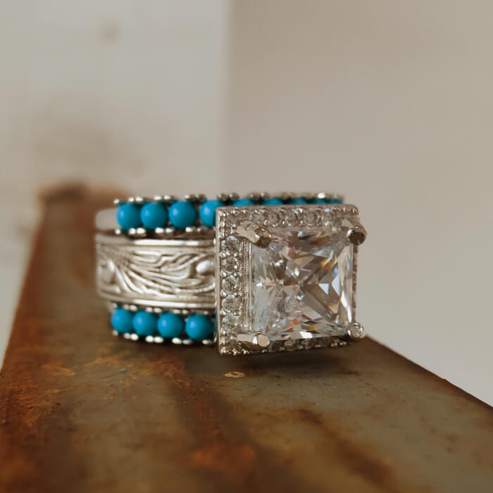 Square diamond ring with turquoise bead band and detailed silver setting