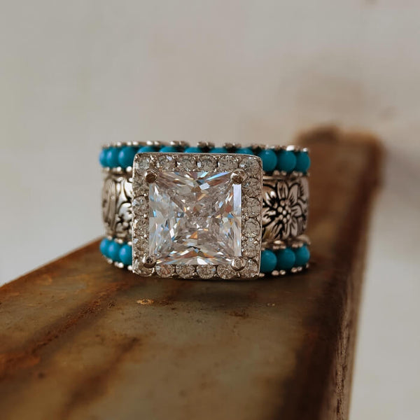 3pc Retro Princess Cut Flower Engraved Turquoise and Diamond Ring