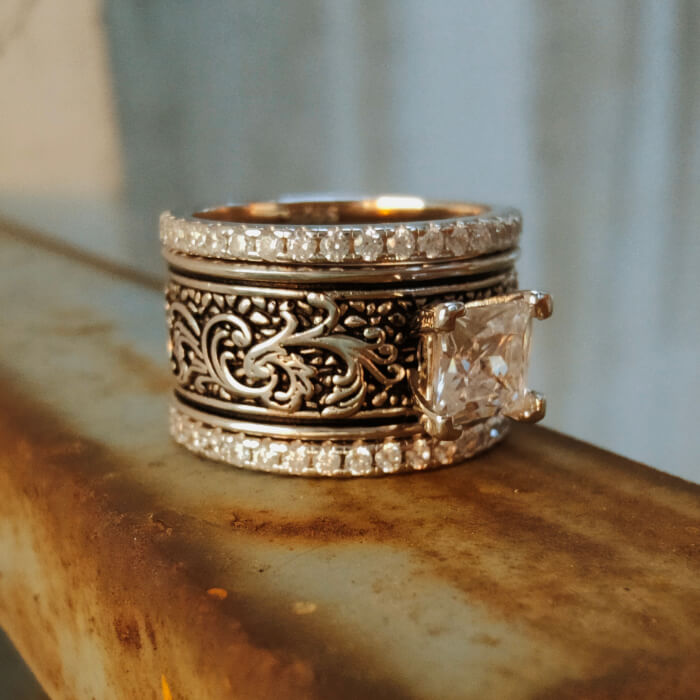 3pc diamond flower engraved Western ring with intricate detailing and a large center zircon