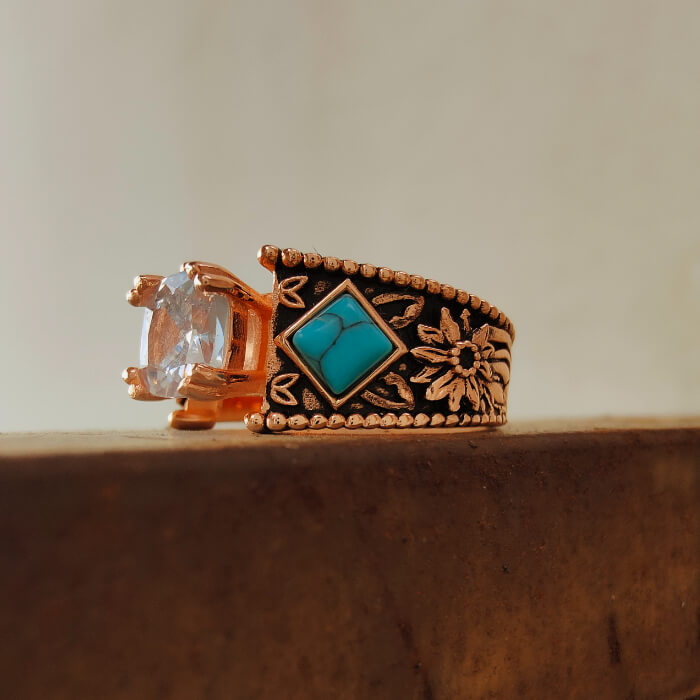 Rose gold engraved Western ring with turquoise and zircon stone