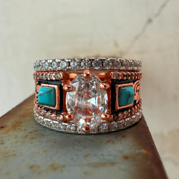 3pc Rose Gold Oval Cut Wide Band Turquoise Bridal Set