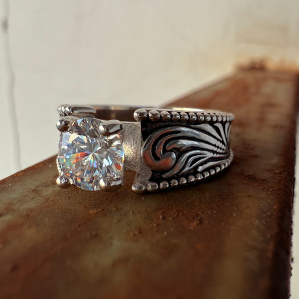 7mm Western wedding ring with round cut zircon and floral engraved band.