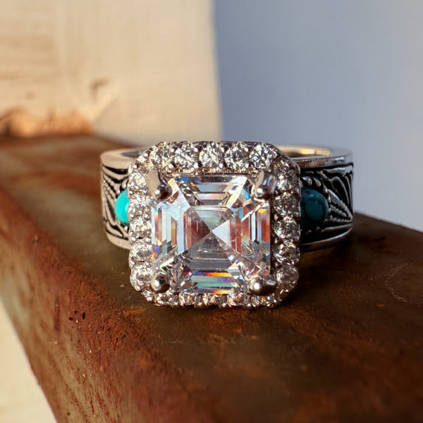 Western turquoise engagement ring with radiant cut diamond and silver-black band