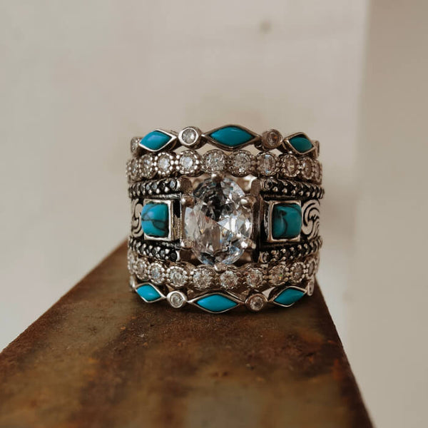 5pc Oval Cut VintageWestern Turquoise Wide Band Wedding Ring Set