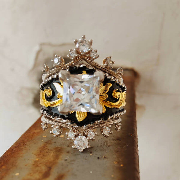 Princess Cut Vintage Engagement Ring – Gothic Crown Gold and Silver Band