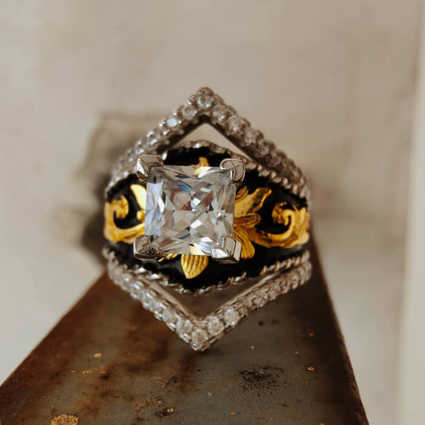 Princess Cut Vintage Engagement Ring – Western Gold Leaf Black Enamel Band