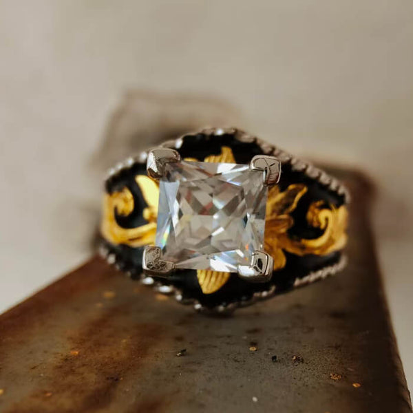 Vintage Square Cut Western Ring – Gold Leaf Engraved Black Enamel Statement Ring