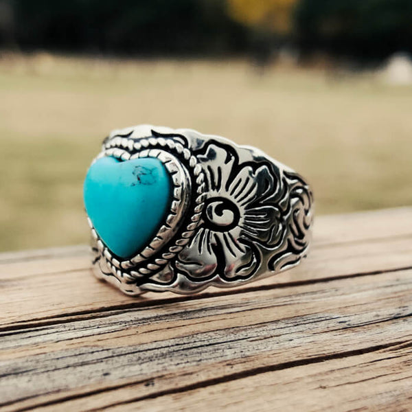 Women Western Flower Heart Turquoise Rings