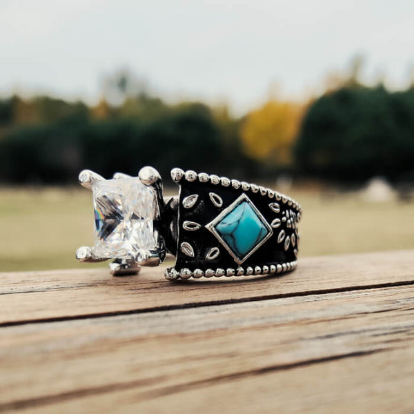 Women Western Engraved Square Turquoise Engagement Ring