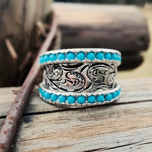 Women Western Flower Turquoise Band Rings for Women