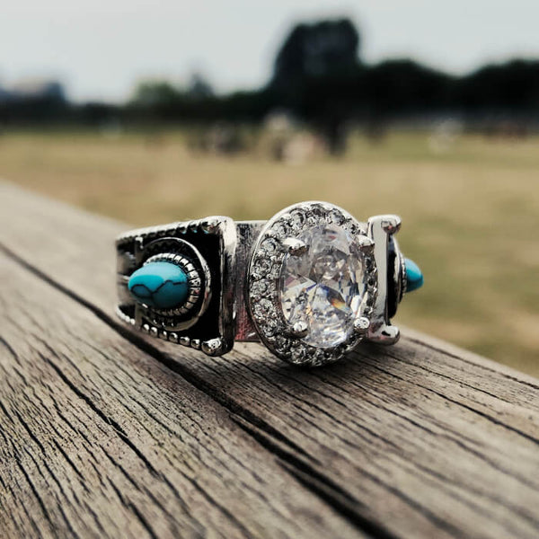 Women Turquoise Feather Horseshoe Oval Engagement Rings with Diamond Halo