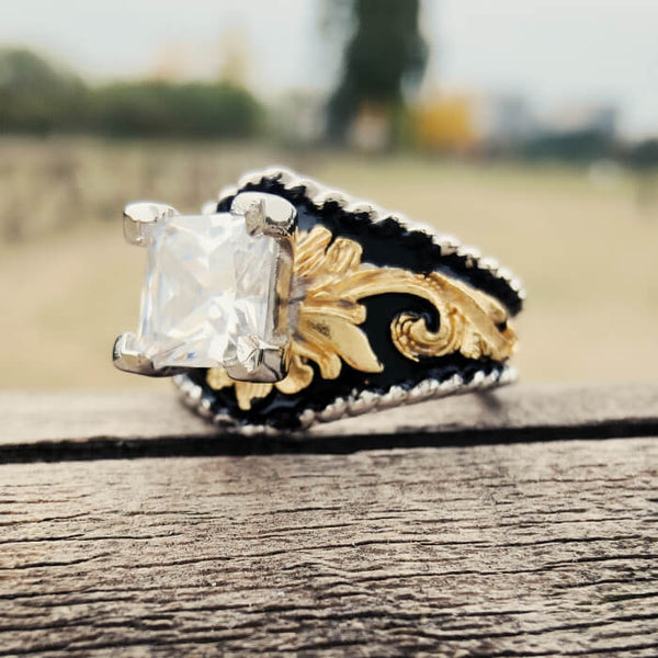 Vintage Square Cut Western Ring – Gold Leaf Engraved Black Enamel Statement Ring