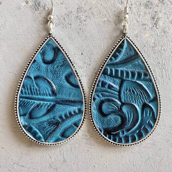 Turquoise leather printed drop earrings with silver frame