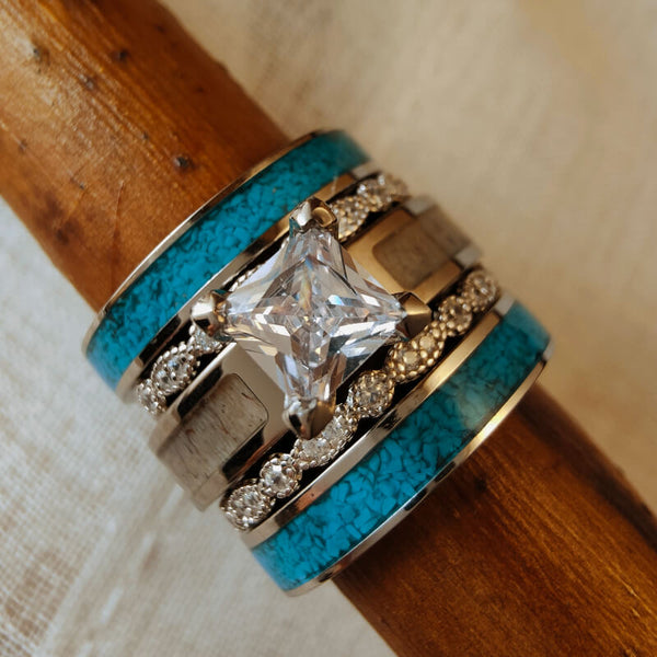 5pc Sterling Silver Moissanite Antler Turquoise Wedding Ring Set