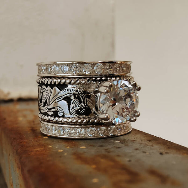 Western Silver Engraved Ring Set – Vintage Engagement Ring for Women