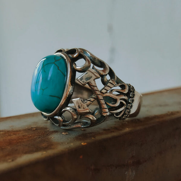 Women Slide Axe Power Oval Turquoise Rings