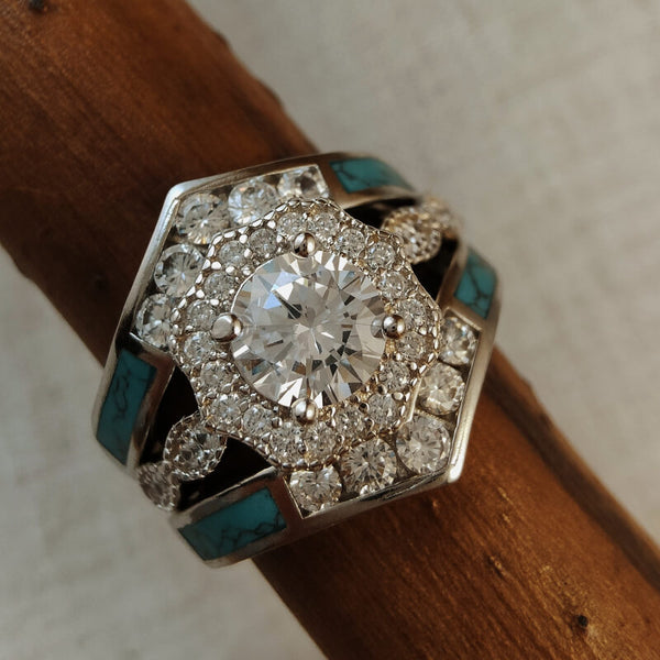 3pc Sterling Silver Vintange Turquoise and Diamond Engagement Ring