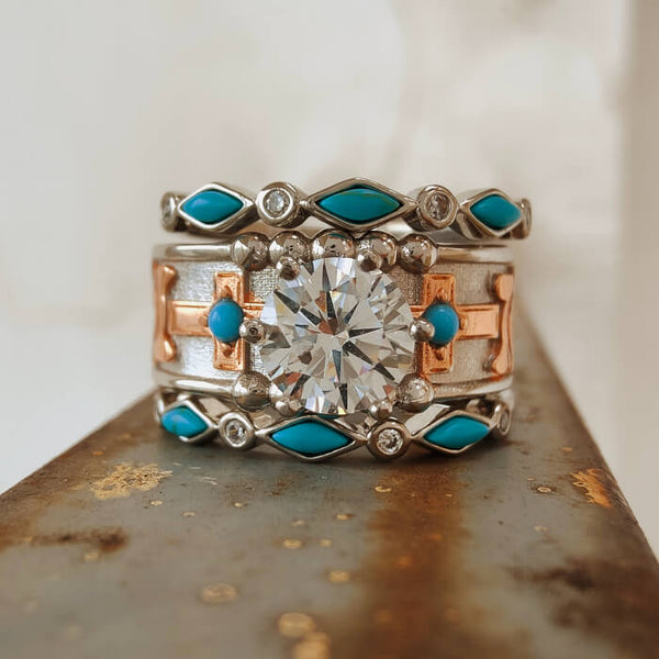 3pc Vintage Cross Flower Turquoise Western Engagement Ring Set with diamond and turquoise