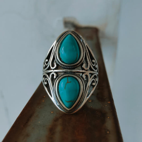 Flower Engraved 2 Drop Turquoise Rings for Women