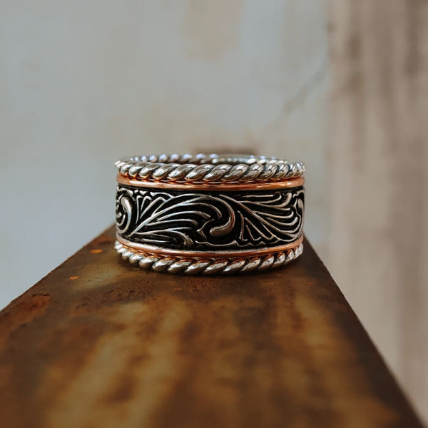 3pc Retro Engraved Twist Western Band Ring in silver and copper