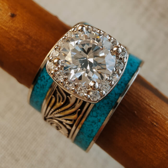 Turquoise and diamond ring set with floral design and large sparkling center stone