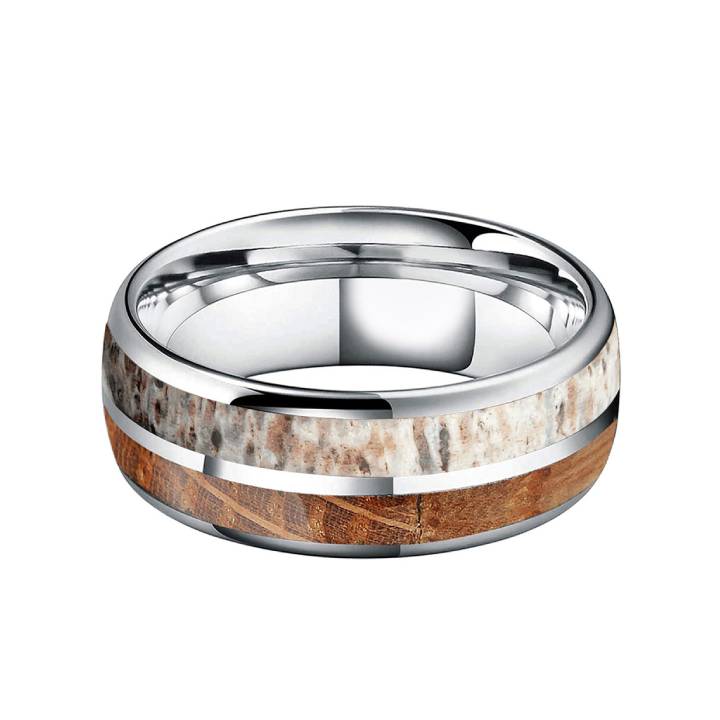 Men's 8mm tungsten ring with antler wood and resin inlays