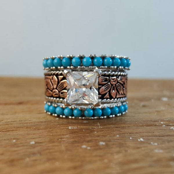 3pc Rose Gold Princess Cut Flower Engraved Turquoise Wedding Rings