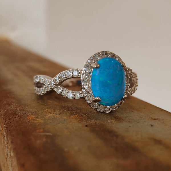 Sterling Silver Plant Oval Blue Opal Engagement Rings