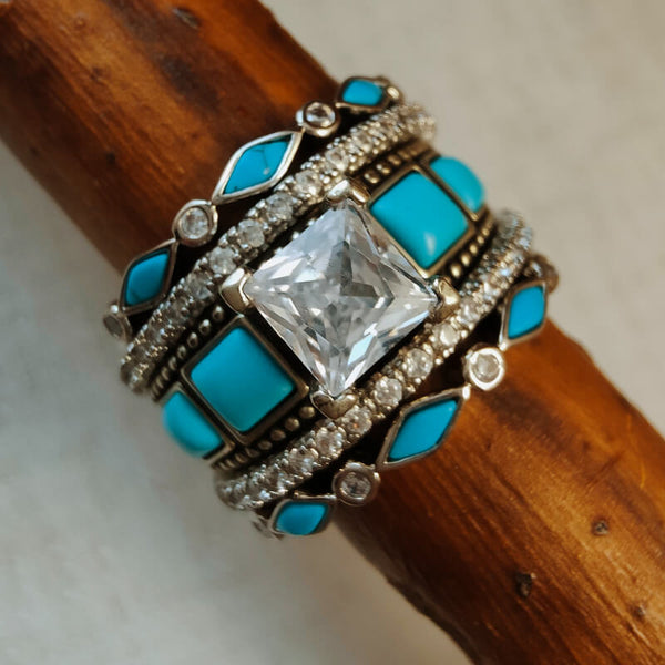 5pc Sterling Silver Diamond Square Turquoise Wedding Ring