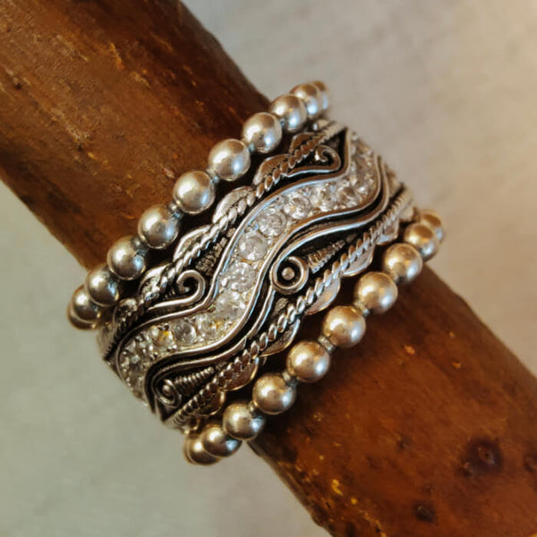 3pc Silver Bead Rustic Diamond Inlay Women's Western Rings