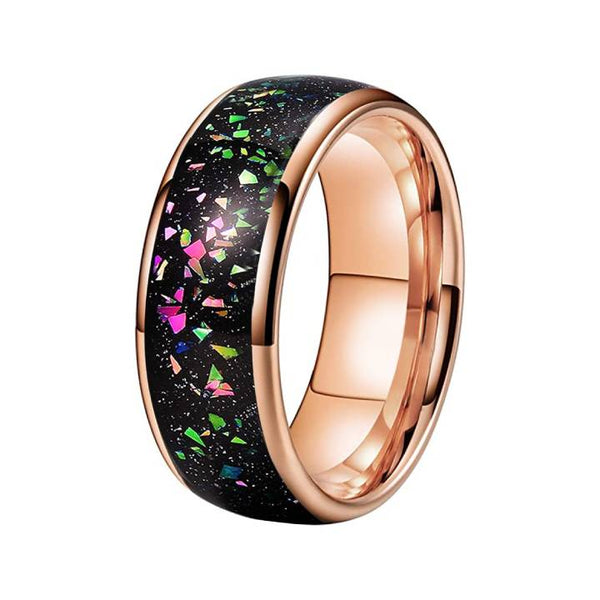 8mm Rose Gold Tungsten Black Colorful Opal Men's Band Ring