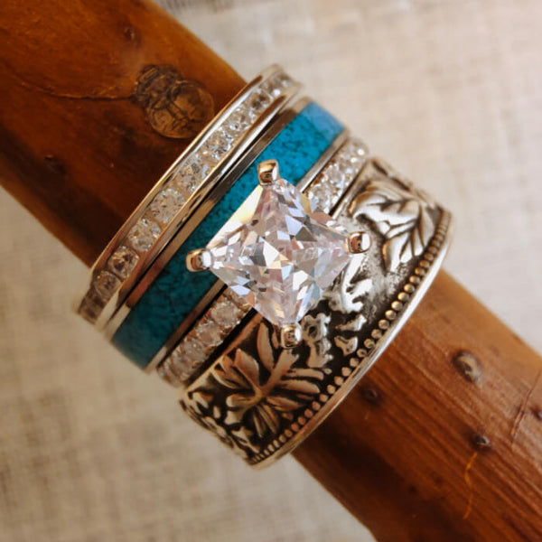 4pc Sterling Silver Leaf Square Diamond Turquoise Western Wedding Ring