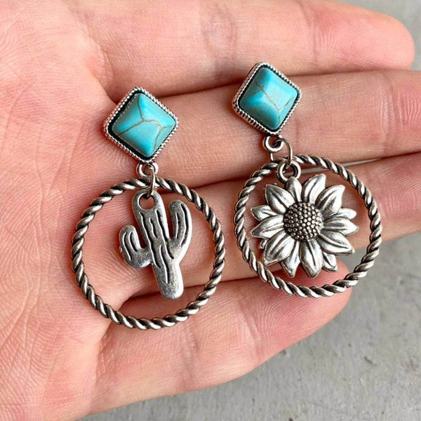 Western Cactus Flower Turquoise Hoop Earrings