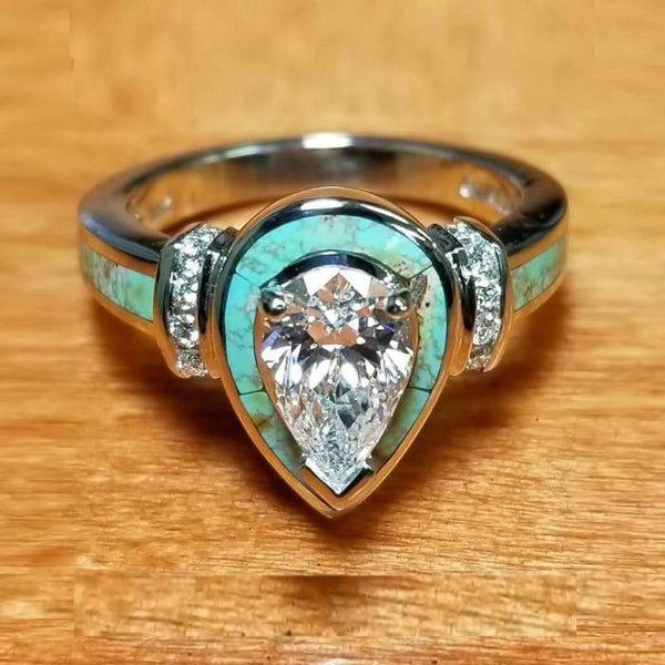 Pear Diamond Inlay Turquoise Engagement Ring