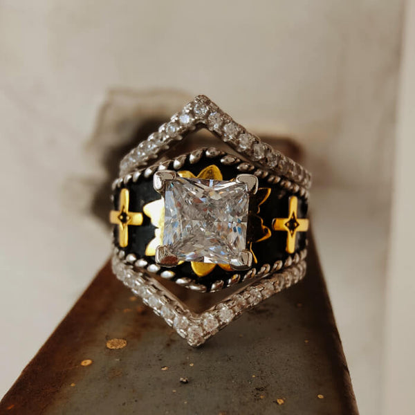 3pc Western Cross Ring Set – Vintage Silver & Gold Engagement Trio