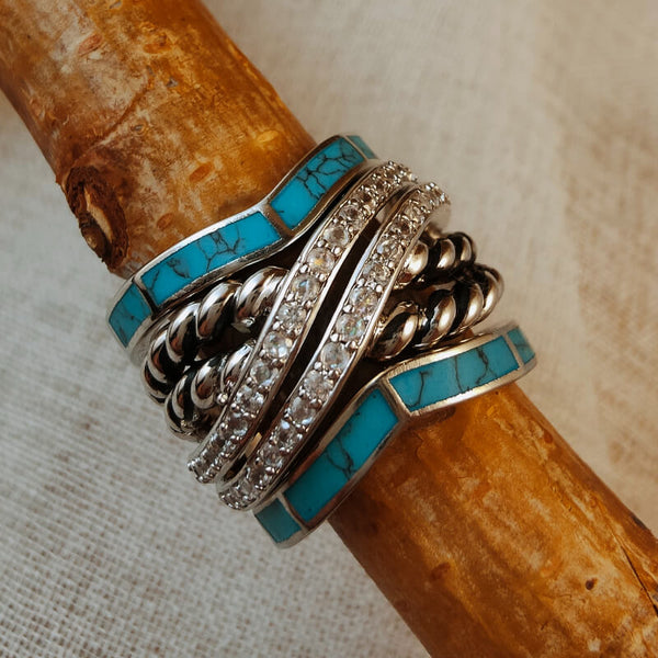 Sterling Silver Retro Turquoise Twist Band Ring Set