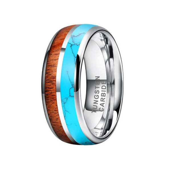 8mm Tungsten Wood Turquoise Men's Band Ring