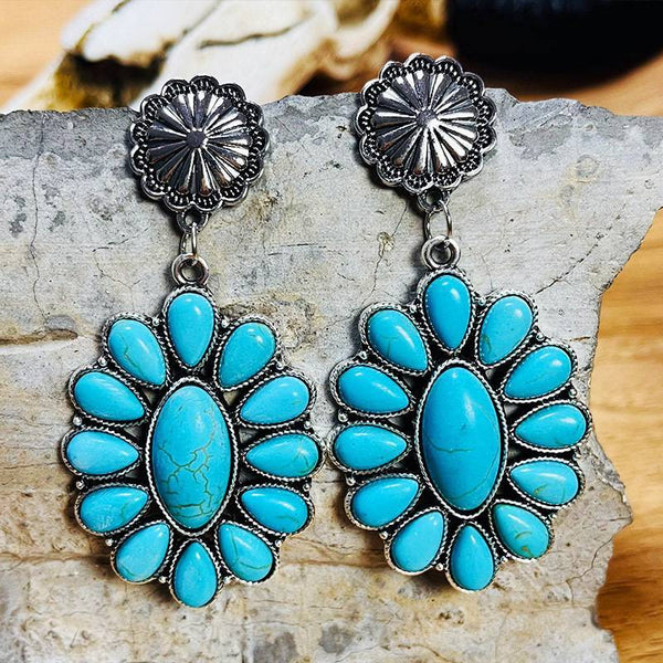 Turquoise Flower Alloy Western Drop Earrings