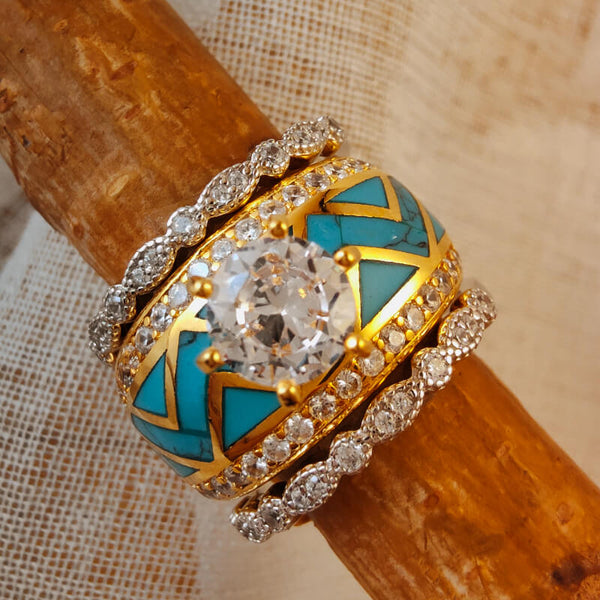 3pc Sterling Silver Retro 18k Gold Turquoise Engagement Ring