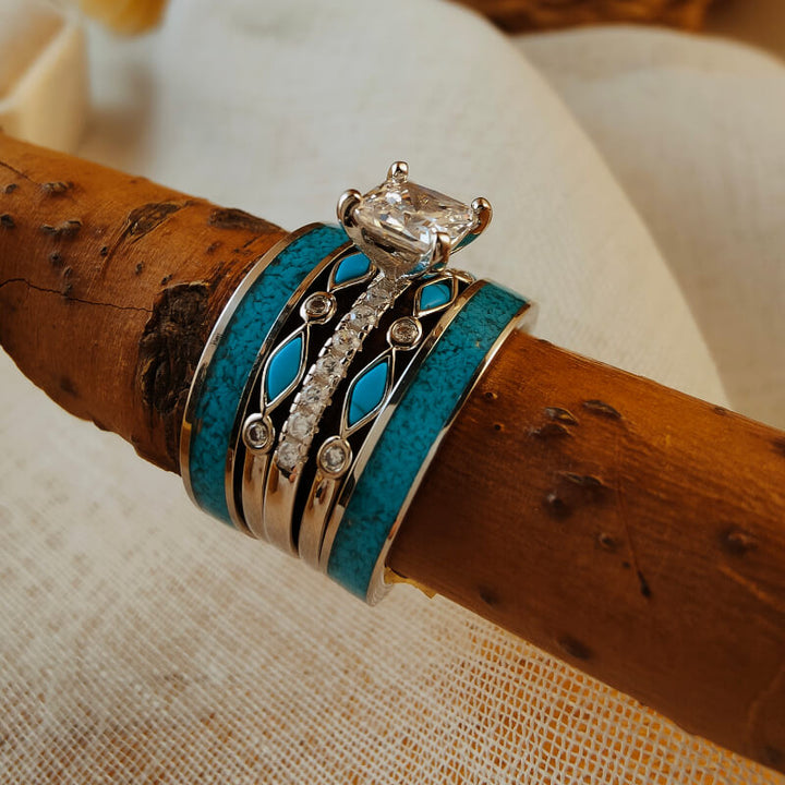 5-piece turquoise and silver engagement ring set with square moissanite and diamond accents