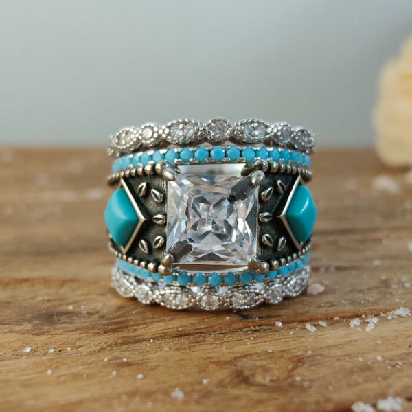 5pc Princess Cut Diamond Vintage Engagement Turquoise Rings