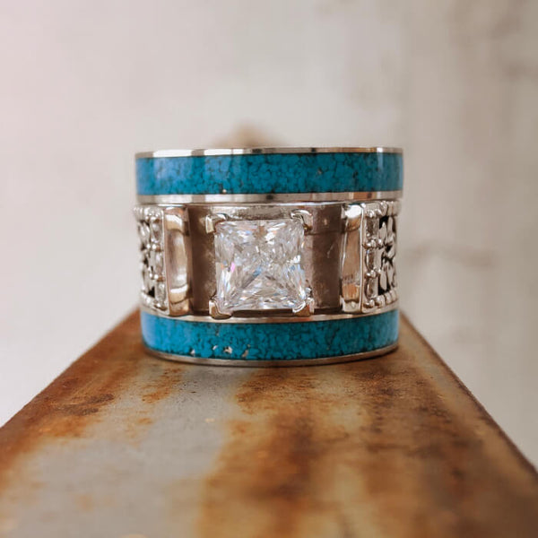 3pc Princess Cut Moissanite Cuff Turquoise Western Engagement Ring Sets