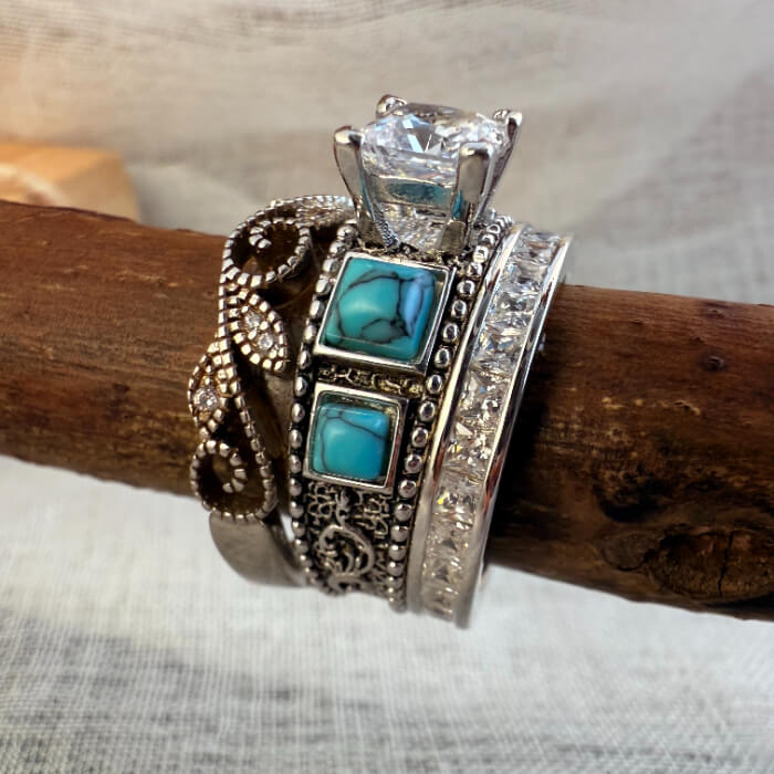 Torquoise Square 3pc Western Wide Band Square Turquoise Woman Wedding Set – Retro Turquoise