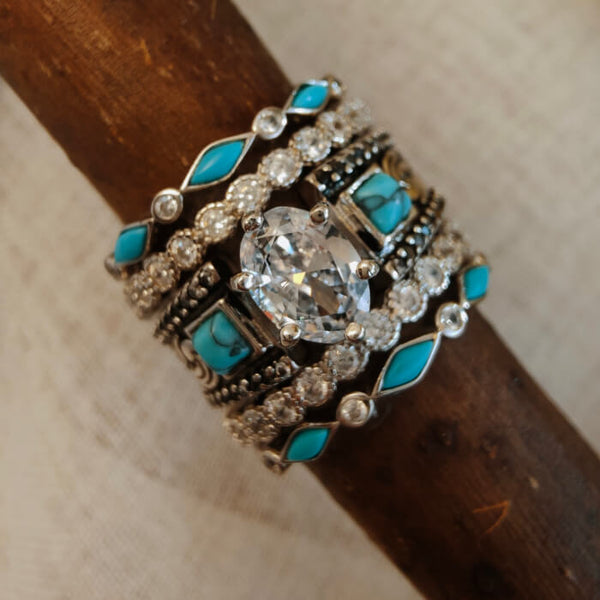 5pc Oval Cut VintageWestern Turquoise Wide Band Wedding Ring Set